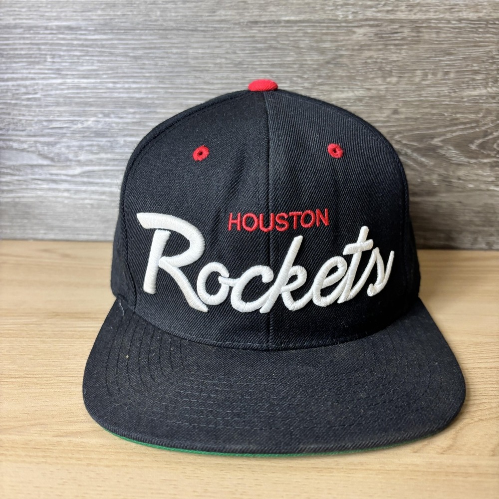 Houston Rockets Hat Cap Fitted Mens 7 Black Red NBA Basketball Script Nostalgia